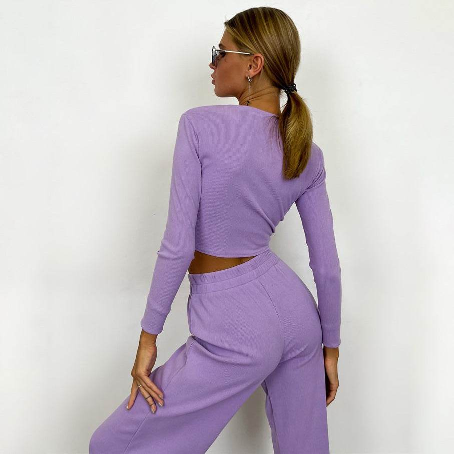 Women's Long Sleeve Fashion Sunken Stripe Trousers Two-piece Set - Velora