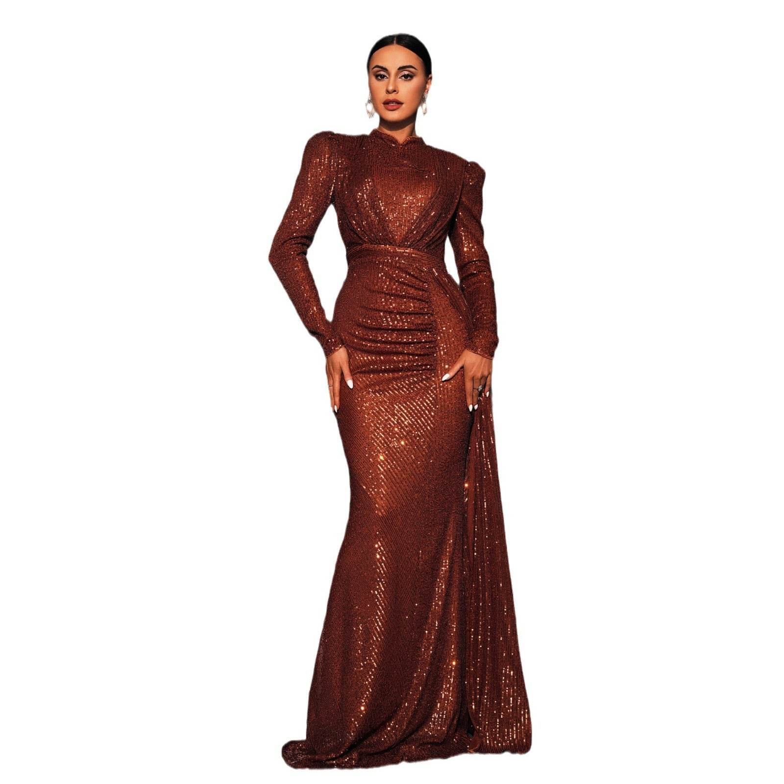 Long Sleeve Round Neck Slim Long Sequined Banquet Dress - Velora