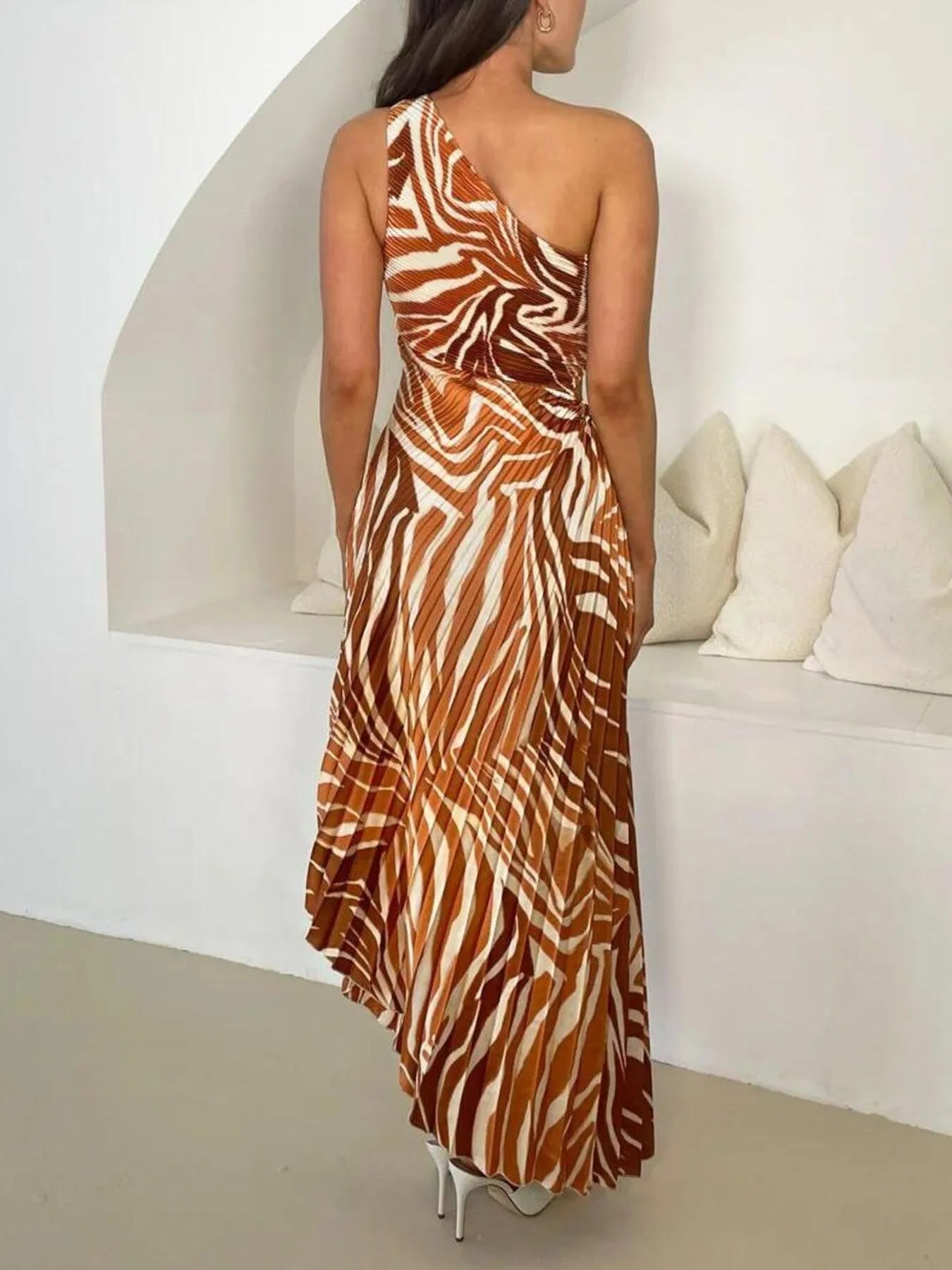 Printed One Shoulder Asymmetrical Maxi Dress - Velora