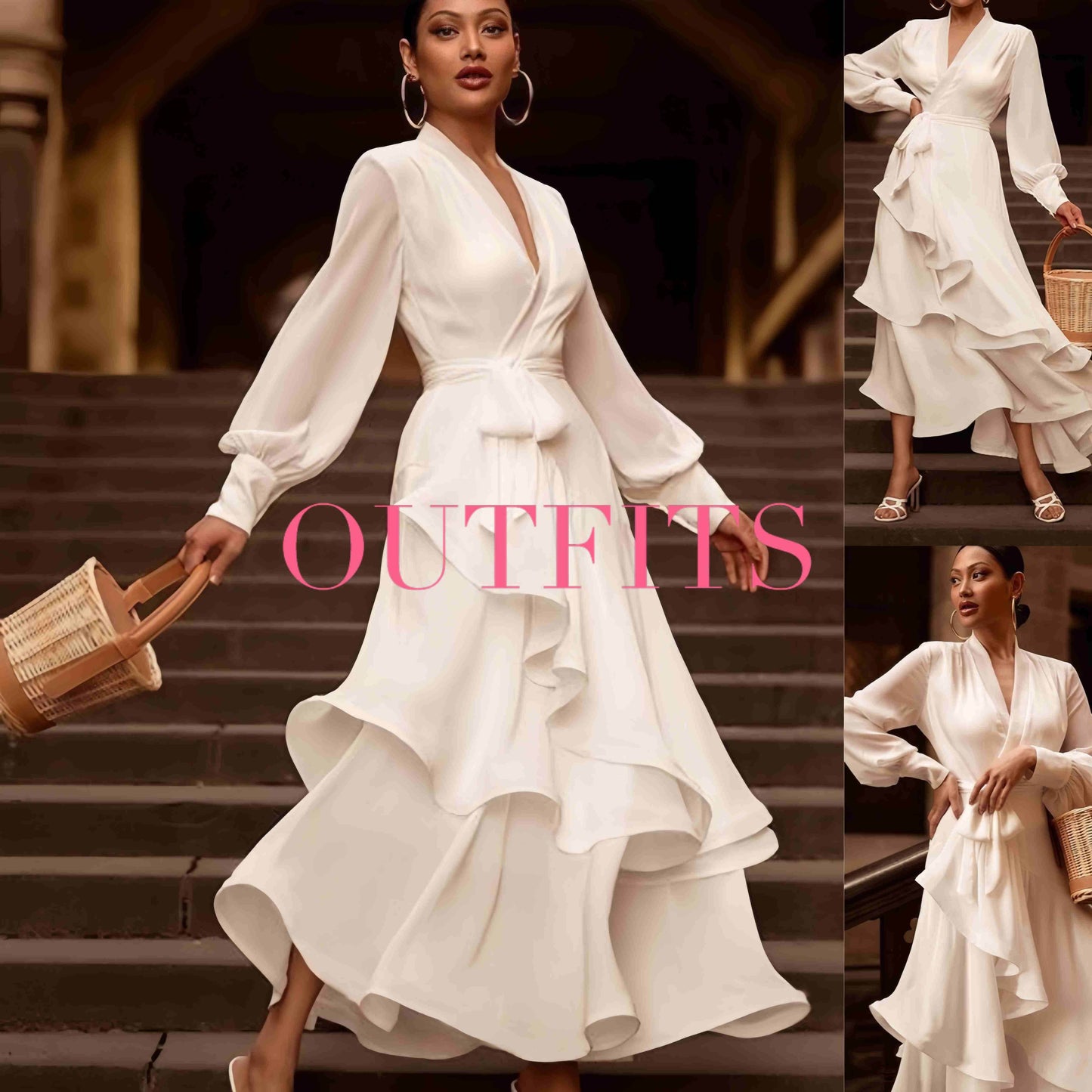 V-neck Prom Dress Long Sleeve Ruffles Long Prom Dress Elegant Dresses For Women White Satin Dress Layered Woman Clothes Casual - Velora