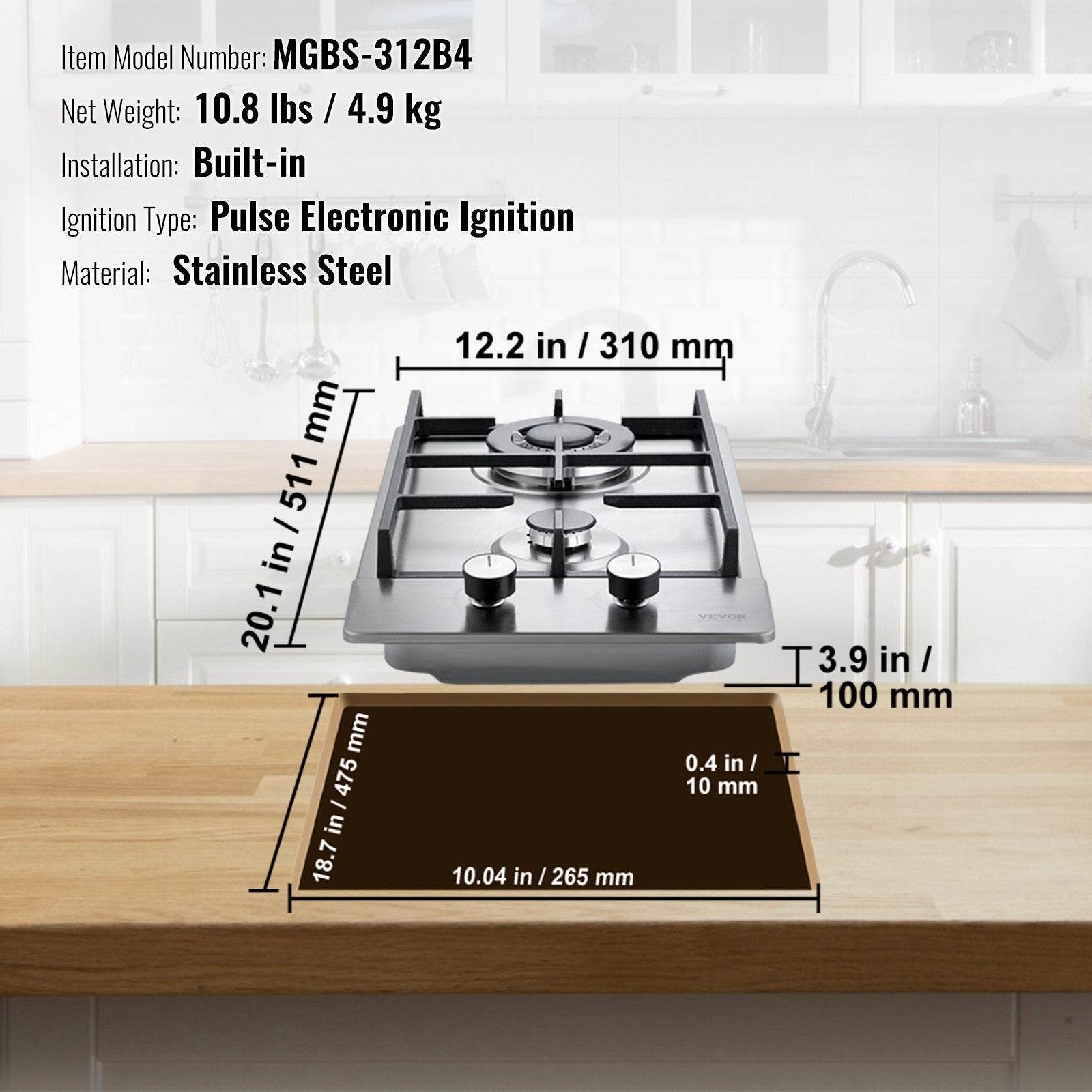 Gas Cooktop 12 Inch, Max 12250BTU 2 Burners Built-in Stainless Steel Gas Stove Top, LPG NG Convertible Dual Fuel Natural Gas Hob With Thermocouple Protection - Velora