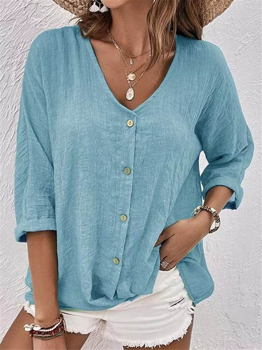 V-neck Long-sleeved T-shirt Fashion Solid Color Button Top Casual Loose Clothing For Women - Velora