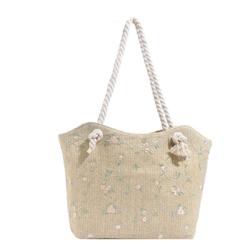 New And Simple Straw Bag Lace Bag Ins Straw Shoulder Bag Large Capacity Flower Fashion Women Handbag - Velora