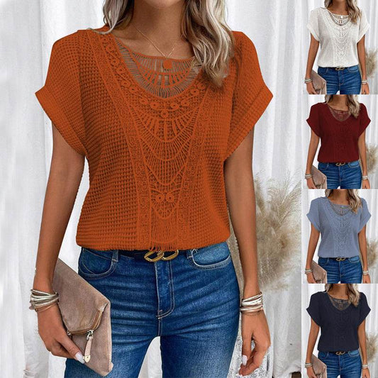 Summer Hollow Out Short-sleeved T-shirt Women's Clothing - Velora