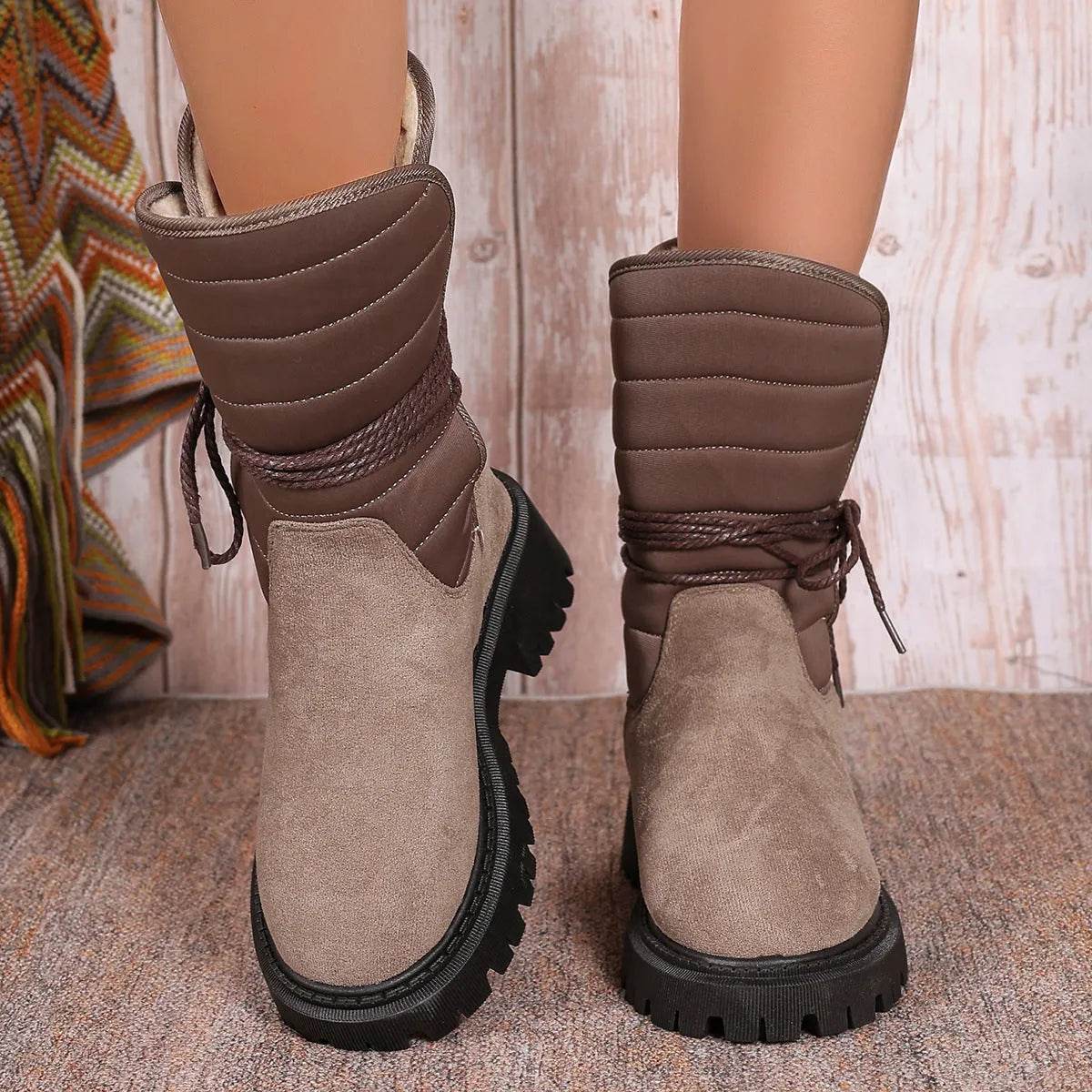 New Chunky Heel Mid-tube Snow Boots Winter Warm Fleece Boot With Lace-up Design Fashion Casual Shoes For Women - Velora