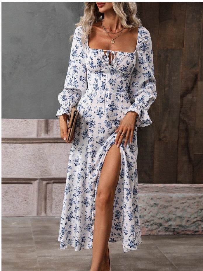 Flowers Printing Long Sleeve Dress Fashion Square-neck Bottom Slit Dresses Womens Clothing - Velora