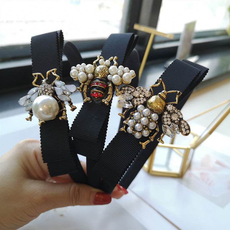 Fabric Bow Hair Band Bee Pearl Hairpin - Velora