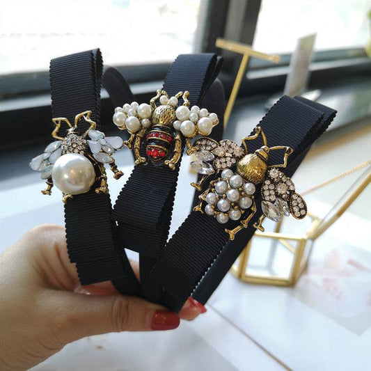 Fabric Bow Hair Band Bee Pearl Hairpin - Velora