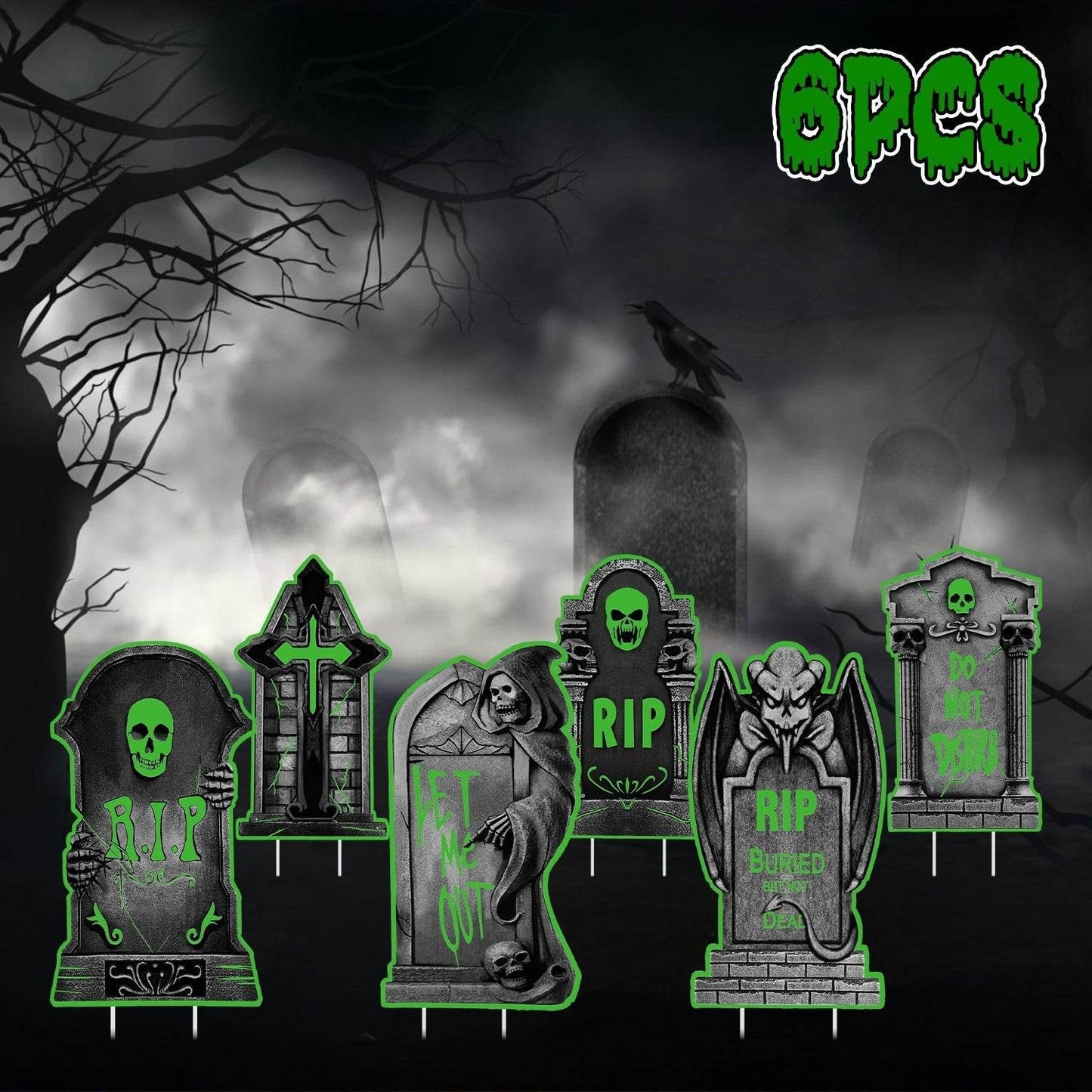 6Pcs Skull Or 6Pcs Tomb Or 5Pcs Black Cat Halloween Yard Sign Decorations Glow In The Dark For Haunted House Garden Yard And Scary Theme Party - Velora