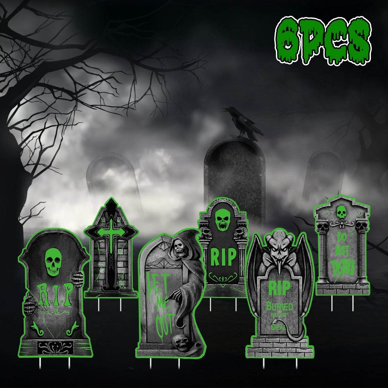 6Pcs Skull Or 6Pcs Tomb Or 5Pcs Black Cat Halloween Yard Sign Decorations Glow In The Dark For Haunted House Garden Yard And Scary Theme Party - Velora