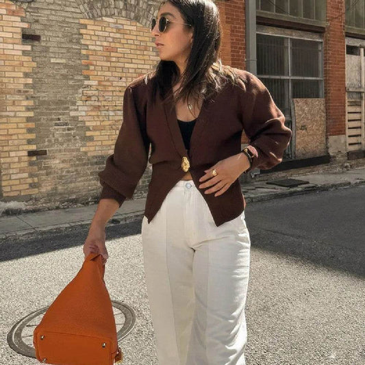 New V-neck Button Cardigan Fashion Knitted Sweater Top For Women Clothing - Velora