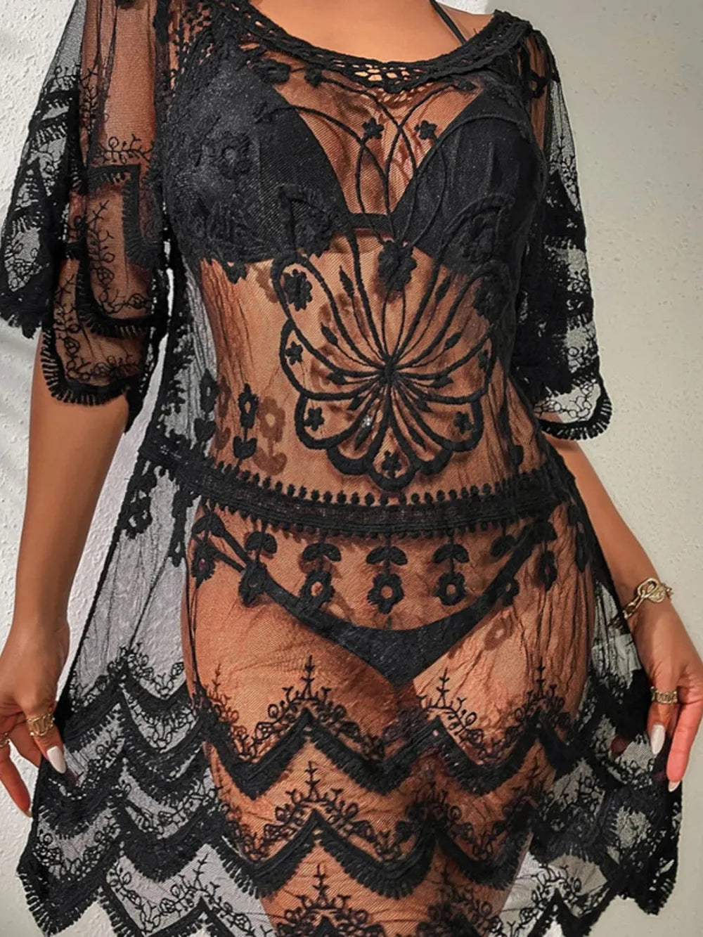 Lace Round Neck Half Sleeve Cover-Up - Velora