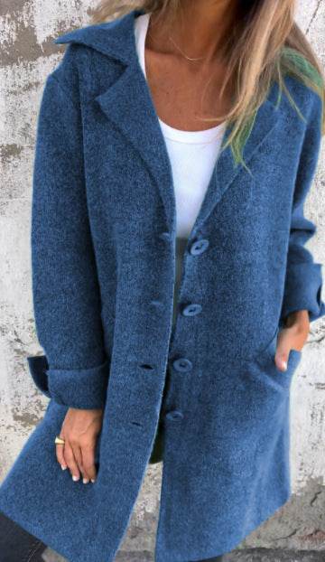 Lapel Single Breasted Cardigan With Pockets Fashion Color Solid Mid-Length Outwear Coat Womens Clothing - Velora