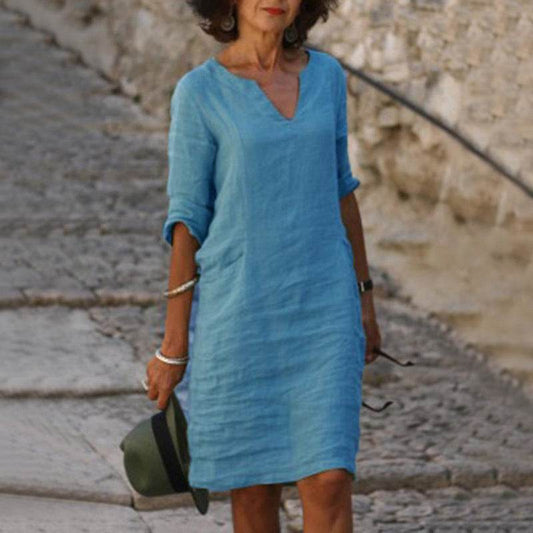 Cotton And Linen V-neck Dress Summer Stitching Retro High Waist Pure Color Dresses - Velora