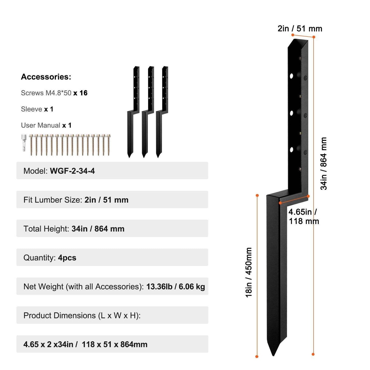 Fence Post Anchor Repair Kit, 4 Pack Inner Diameter 2 X2 Inches Heavy Duty Steel Fence Post Support Stakes, Anchor Ground Spike For Repair Tilted, Broken Wood Fence Post