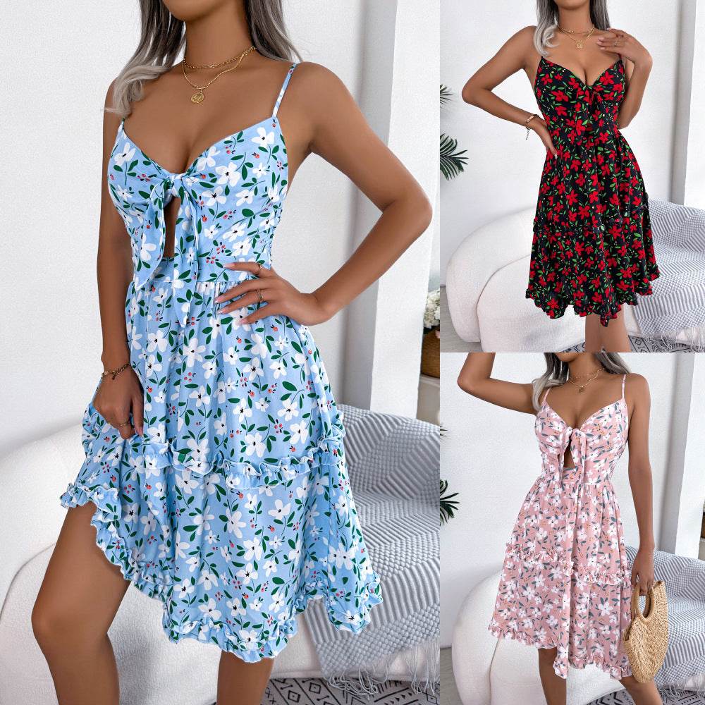 Spring And Summer Leisure Floral Spaghetti floral Midi Dress - Velora