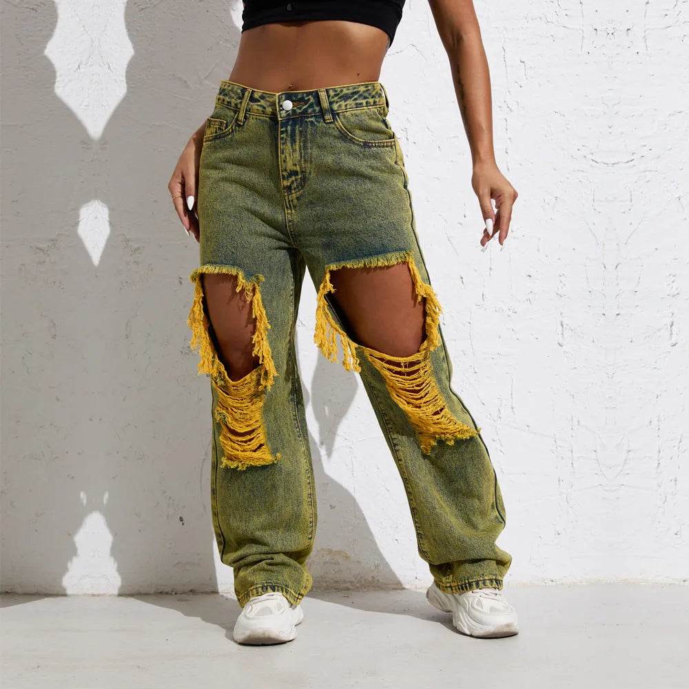 Shascullfites Melody Yellow Wash Streetwear Split Loose Straight Ripped Baggy Jeans Y2K Retro Women Denim Pants - Velora