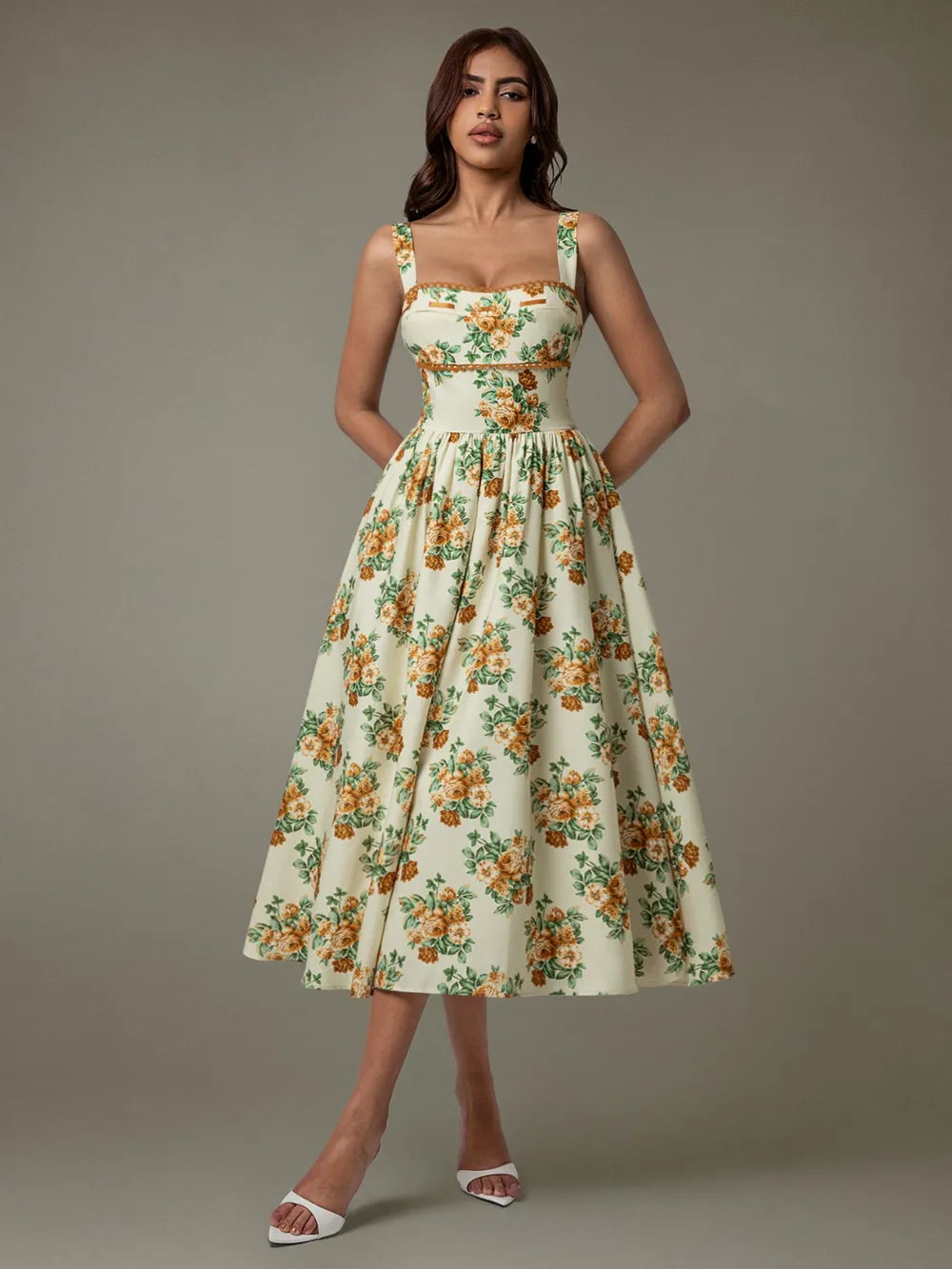 Lace Trim Floral Sleeveless Midi Dress - Velora