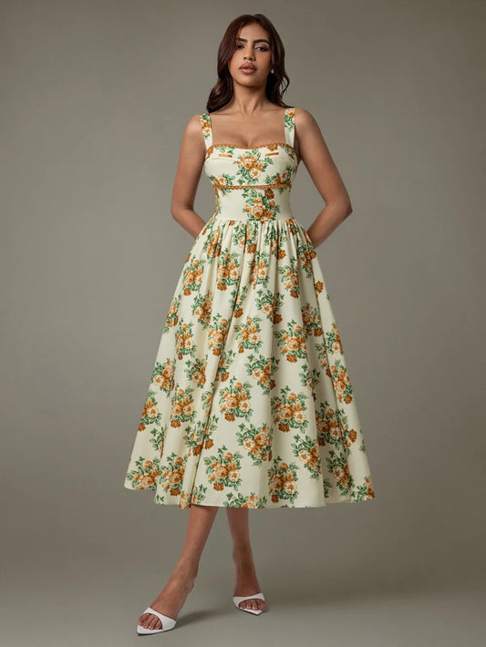Lace Trim Floral Sleeveless Midi Dress - Velora