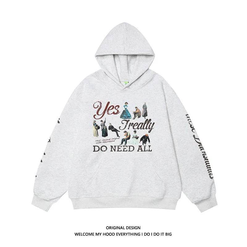 American Retro Washed Distressed Cartoon Letter Print Pullover Hoodie Sweatshirt - Velora