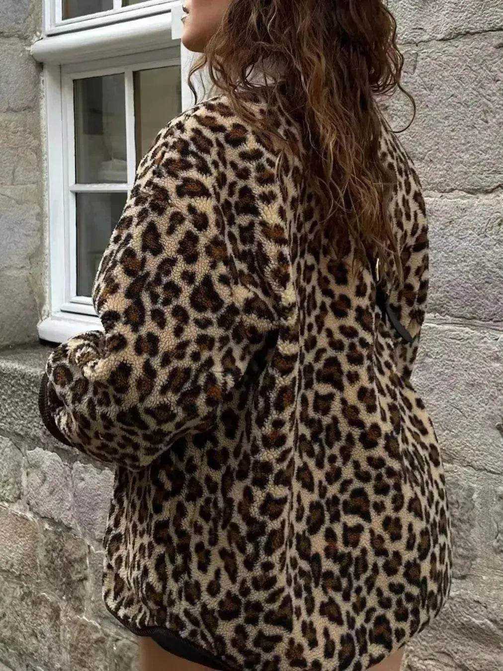 Casual Fall winter Leopard Button fleece Plush Cardigan jacket for women - Velora