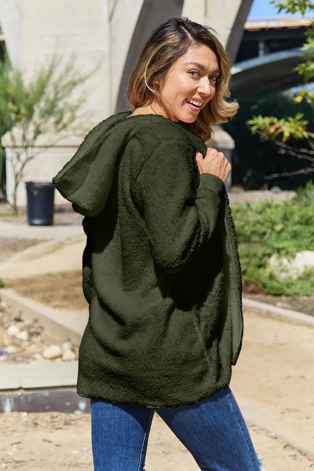 Full Size Teddy Hooded Jacket with Pockets - Velora
