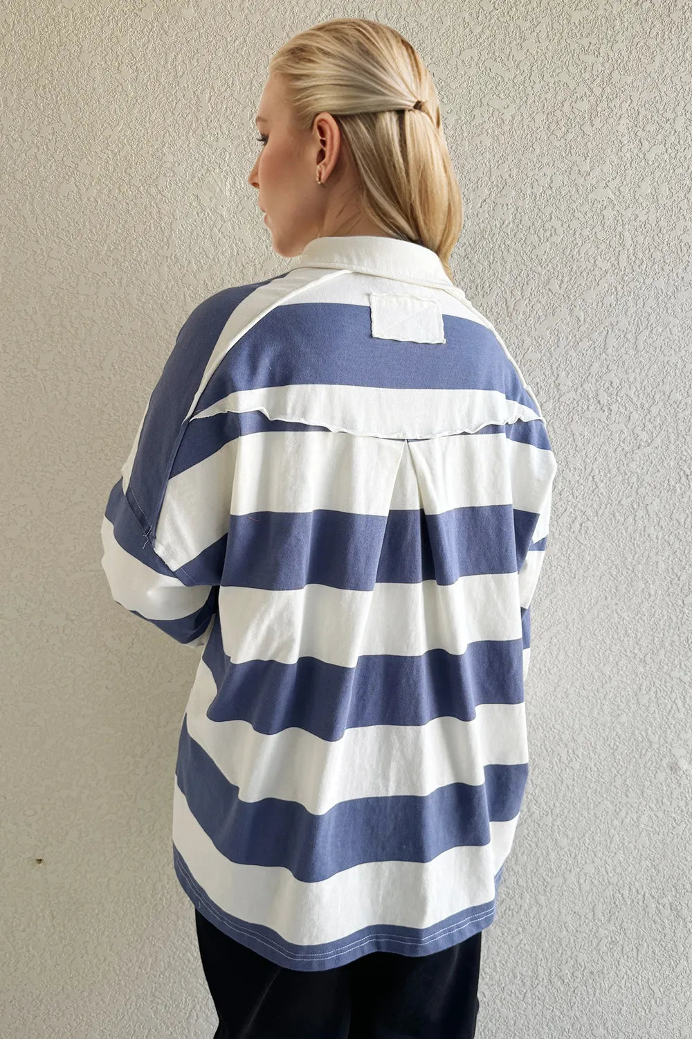 Oh Pima Cotton Wash Wide Striped Collared Neck Long Sleeve Top - Velora
