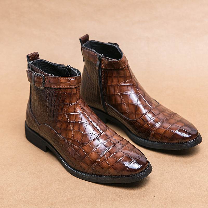 Men's Crocodile Pattern Boots Fashion Pointed Toe Low Square Heel Buckle Zipper Ankle Boots Business Formal Leather Shoes - Velora