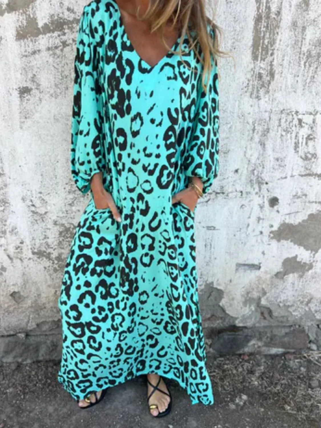 Full Size Printed V-Neck Dress with Pockets Plus Size - Velora