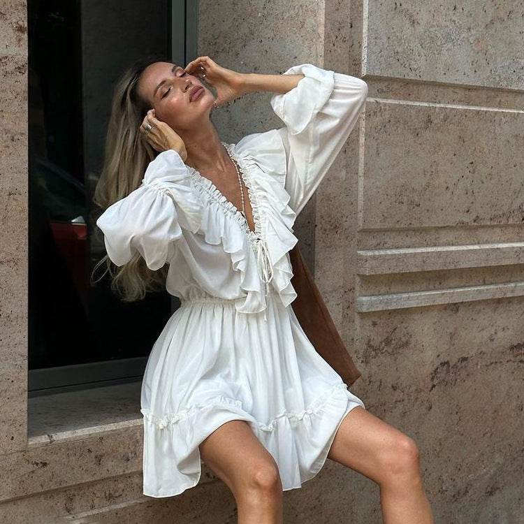 Fashion V Neck Pleated Ruffle Long Sleeve Dress Y2K V Neck Flared Sleeve Short Dress Women's Clothing - Velora