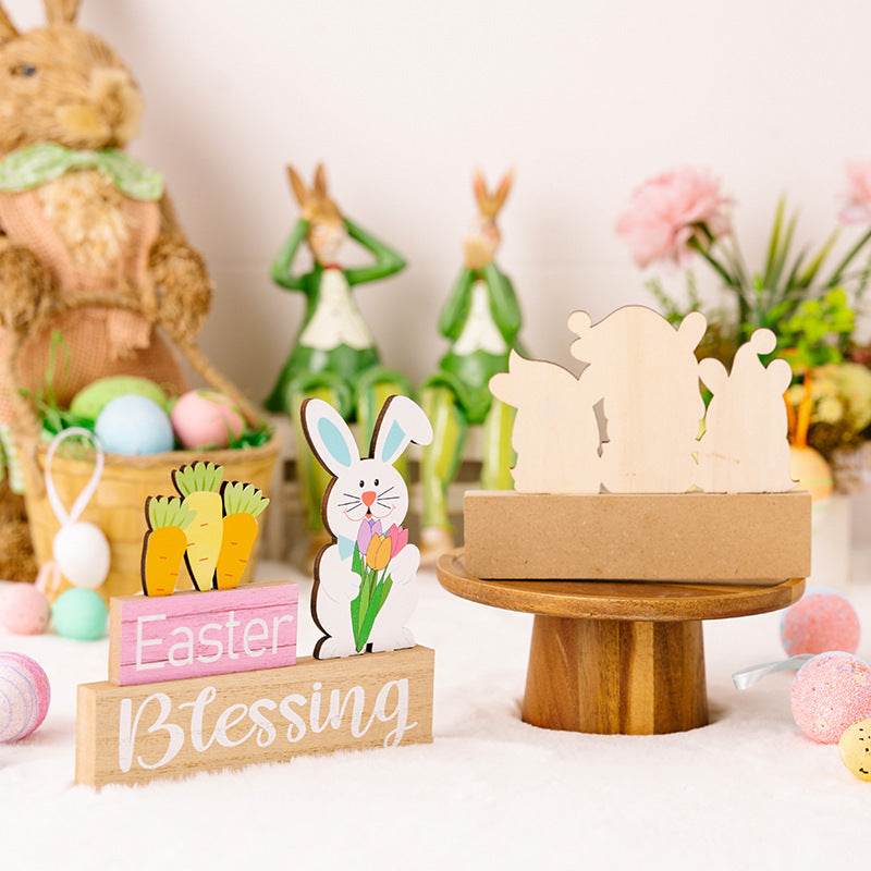 Easter Supplies Easter Rabbit Holding Flower Wooden Decoration - Velora