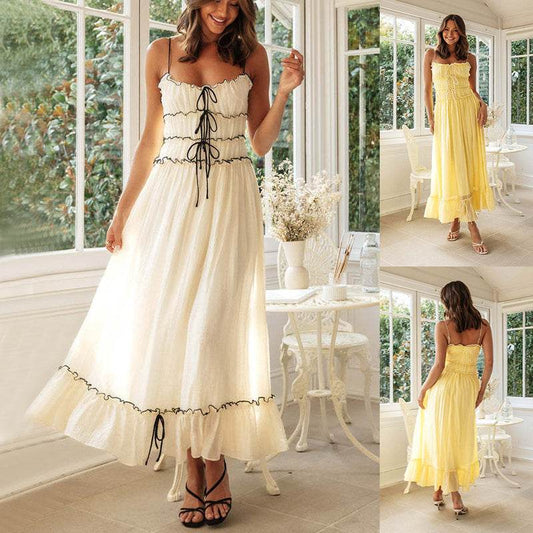 Summer Suspender Spaghetti Strap Long Dresses With Bow Pleat Design Fashion Sweet Bow Beach Dress For Womens Clothing - Velora
