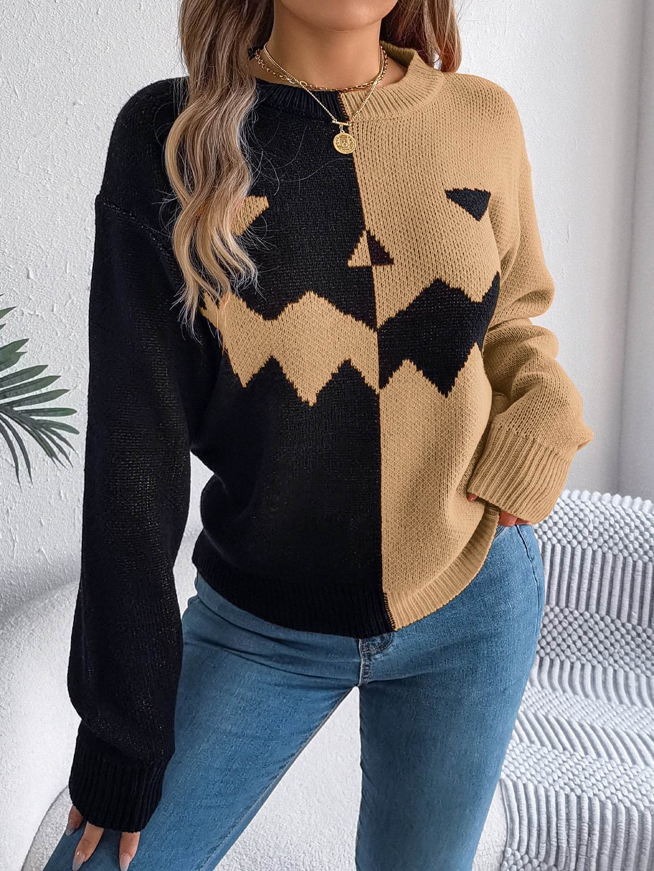 Fall And Winter Halloween Spooky Pumpkin Contrast Long Sleeve Pullover Sweater Women's Clothing - Velora