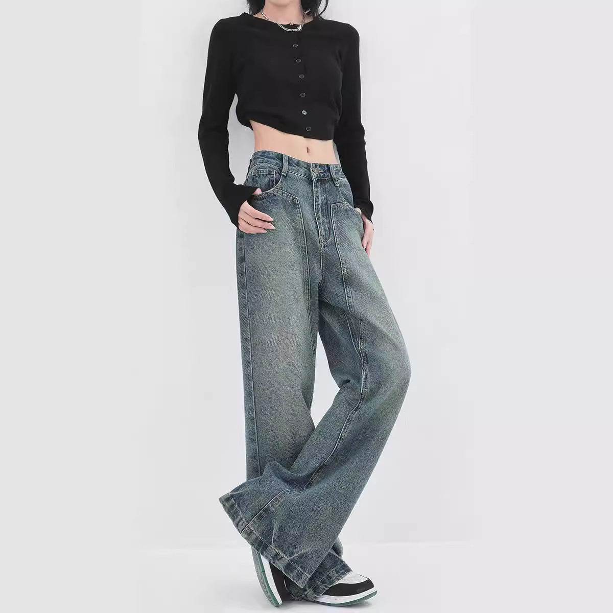 Retro Design Wide Leg Pants High Waisted Boyfriend Jeans - Velora