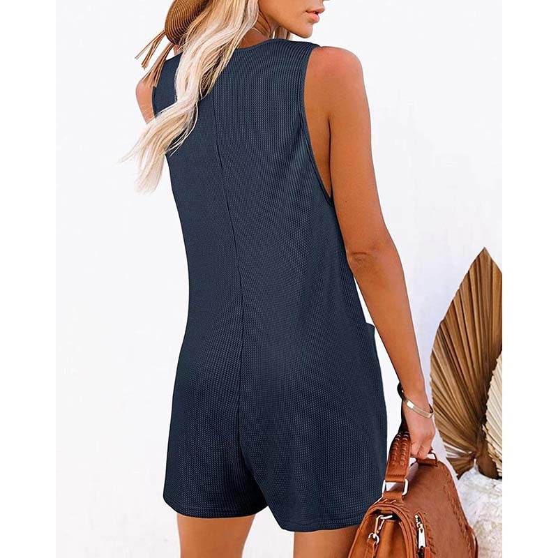 Women's Button Front Romper Jumpsuit With Pockets Casual Solid Color Sleeveless Summer Jumpsuit - Velora