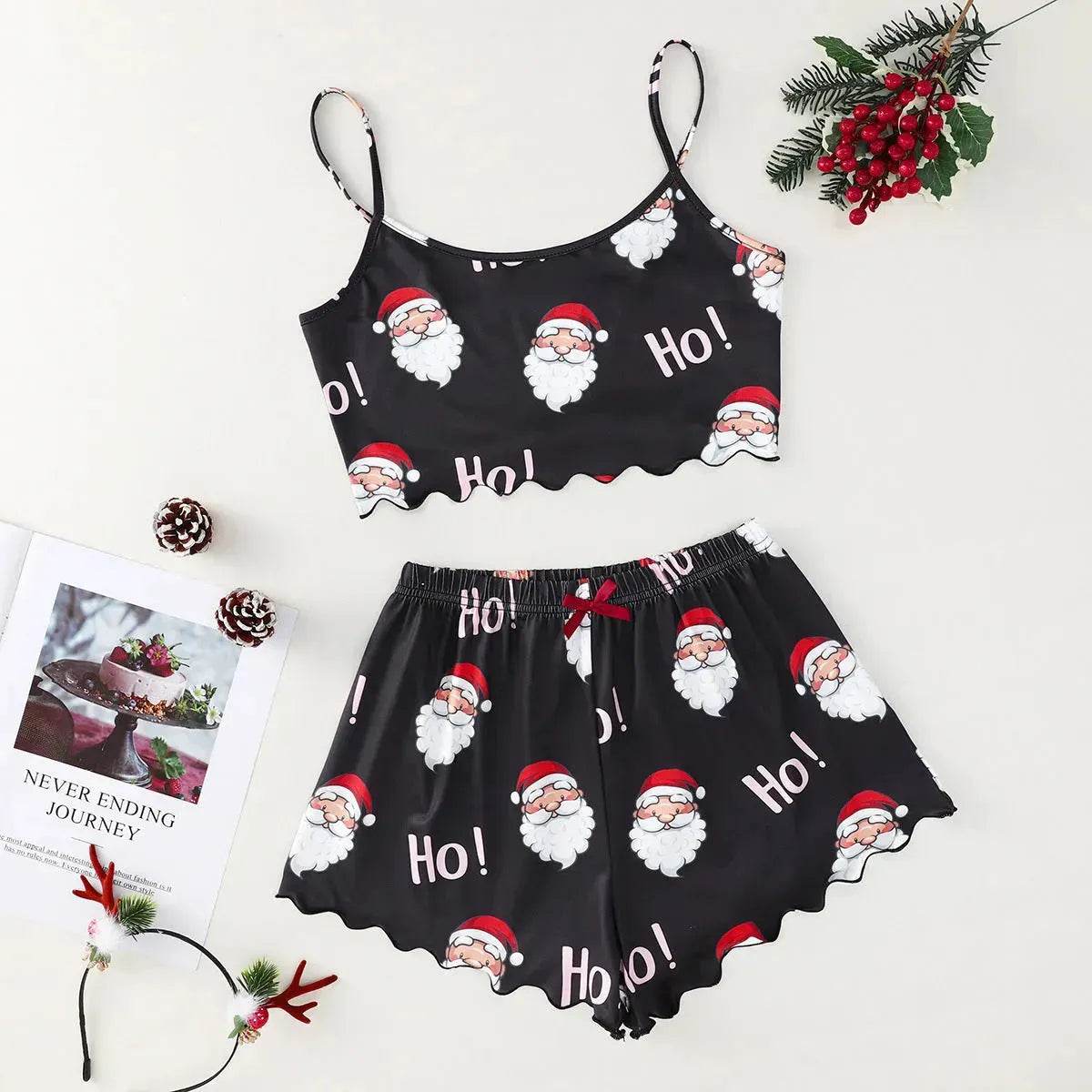 Christmas European And American Thin Pajamas Women's Sleeveless Shorts Milk Silk Simple Casual Two-piece Suit Homewear - Velora
