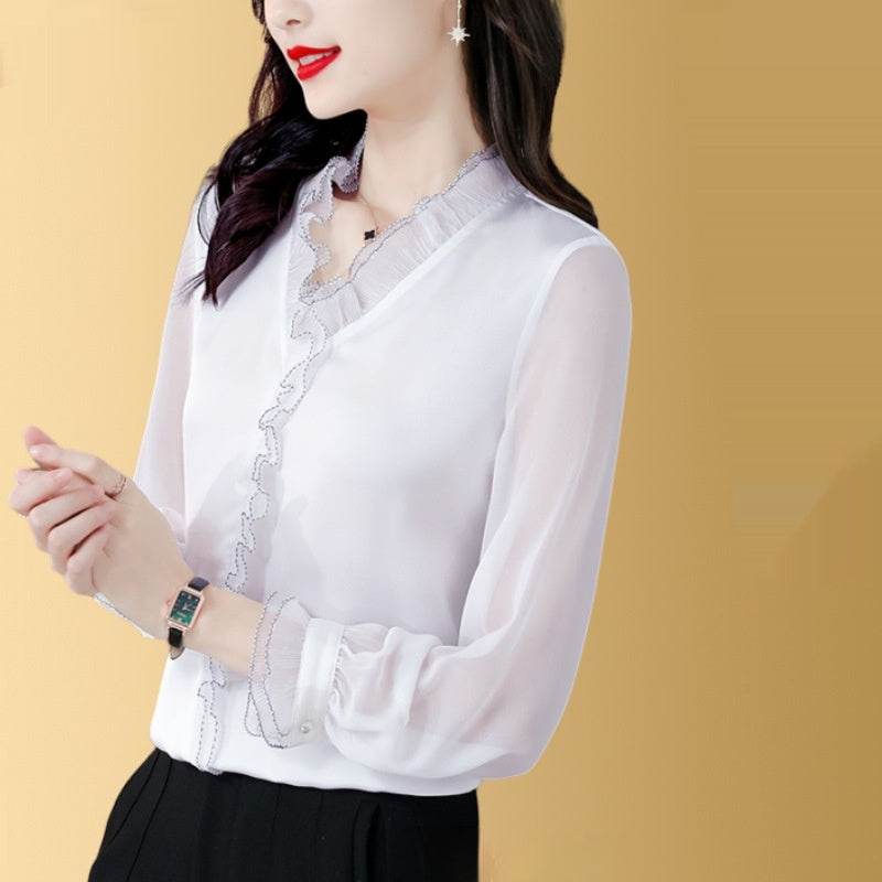 New Solid Color Chiffon Long-sleeved Shirt For Women - Velora