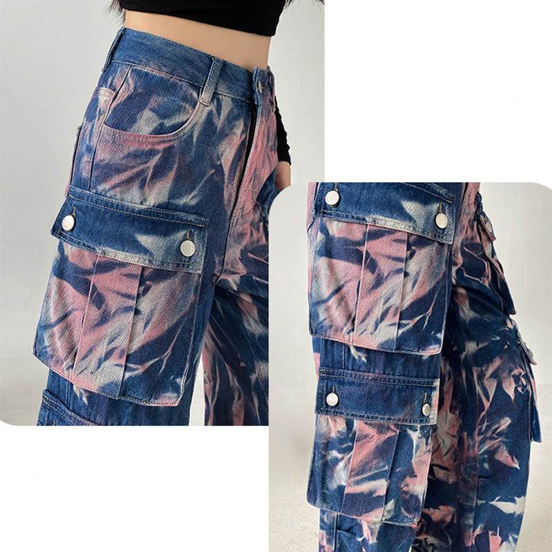 New Tie-dye Baggy CargoTrousers With Pockets Y2K Fashion High Waist Loose Wide Leg Pants Spring And Autumn - Velora