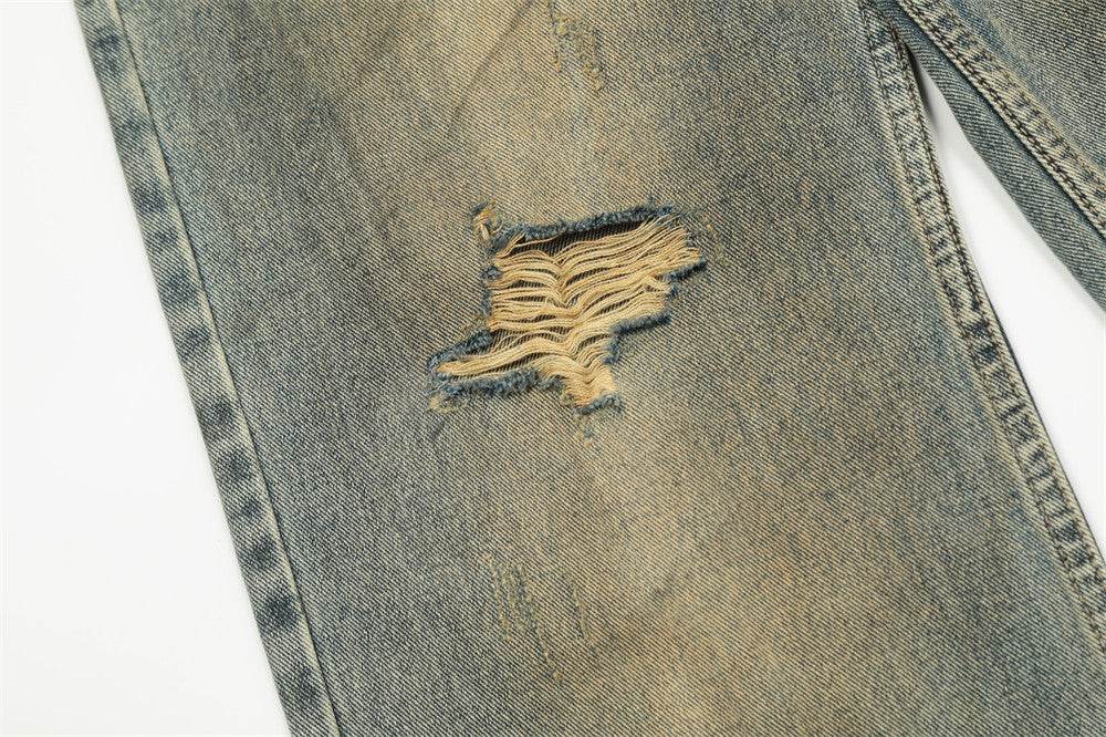 Hole Denim Men Trousers Heavy Industry Washing Jeans - Velora