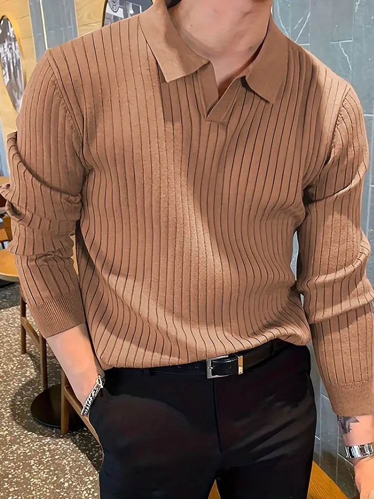Lapel Texture Stretch Slim Knit Polo Shirt Men Polo Shirt Fashion Waffle Long-sleeved Tops Clothing Casual Comfortable Golf Men's Clothing - Velora