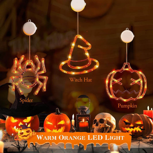 Set Of 3 Pack Halloween Window Light Spider Witch Hat Pumpkin With Orange Light Hanging Halloween Decoration Light With Suction Cup Hanging Holes - Velora