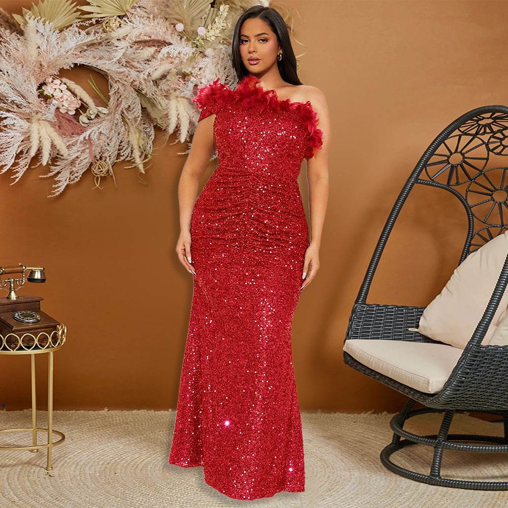 Luxury formal dress Feather Stitching Sequin Evening Dress Long dress - Velora