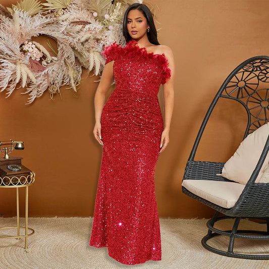 Luxury formal dress Feather Stitching Sequin Evening Dress Long dress - Velora