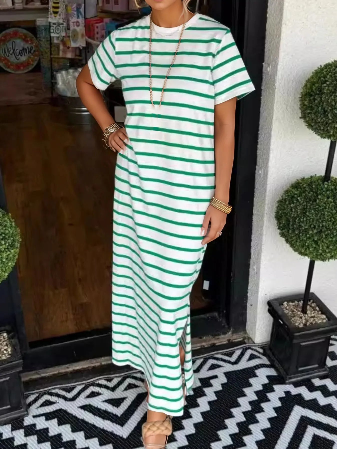 Full Size Striped T-Shirt Maxi Dress with Side Slit Plus Size - Velora