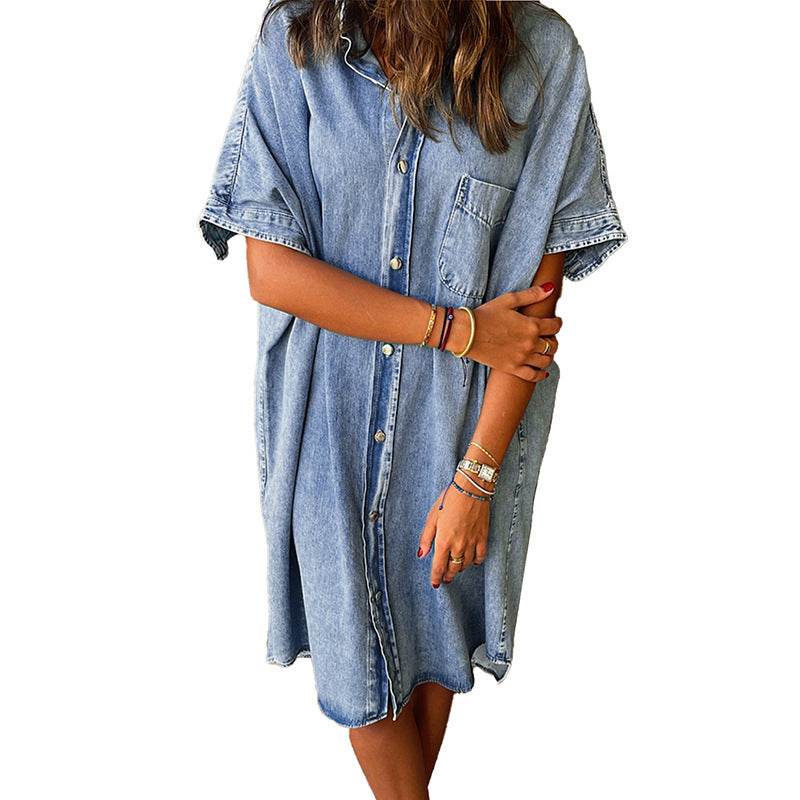 Women's Solid Color Single Row Multi-buckle loose Dress Short Sleeve Denim - Velora
