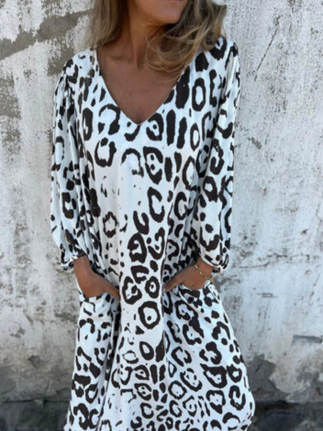 Full Size Printed V-Neck Dress with Pockets Plus Size - Velora