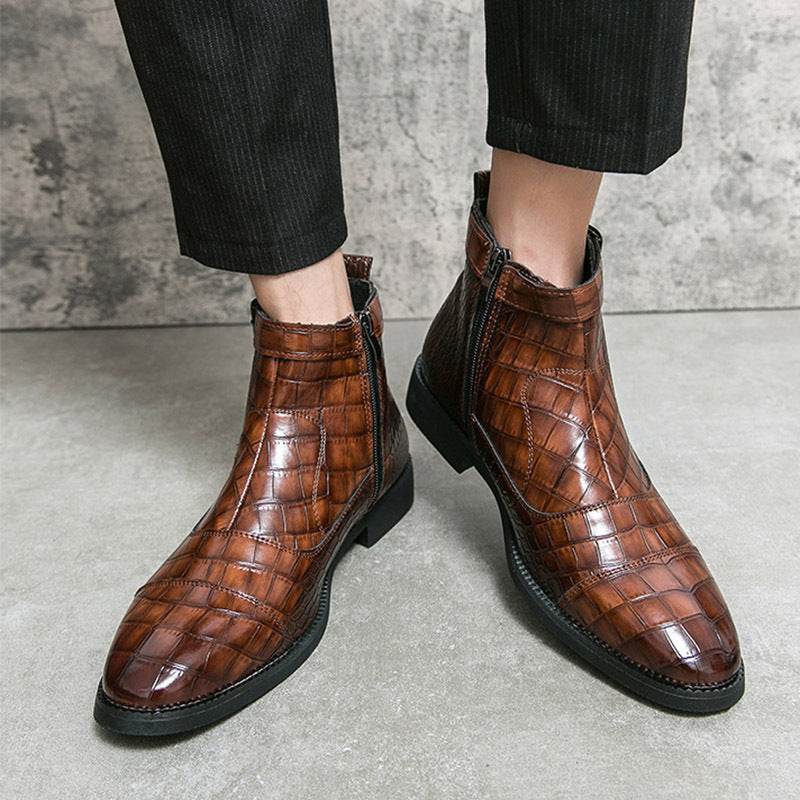 Men's Crocodile Pattern Boots Fashion Pointed Toe Low Square Heel Buckle Zipper Ankle Boots Business Formal Leather Shoes - Velora