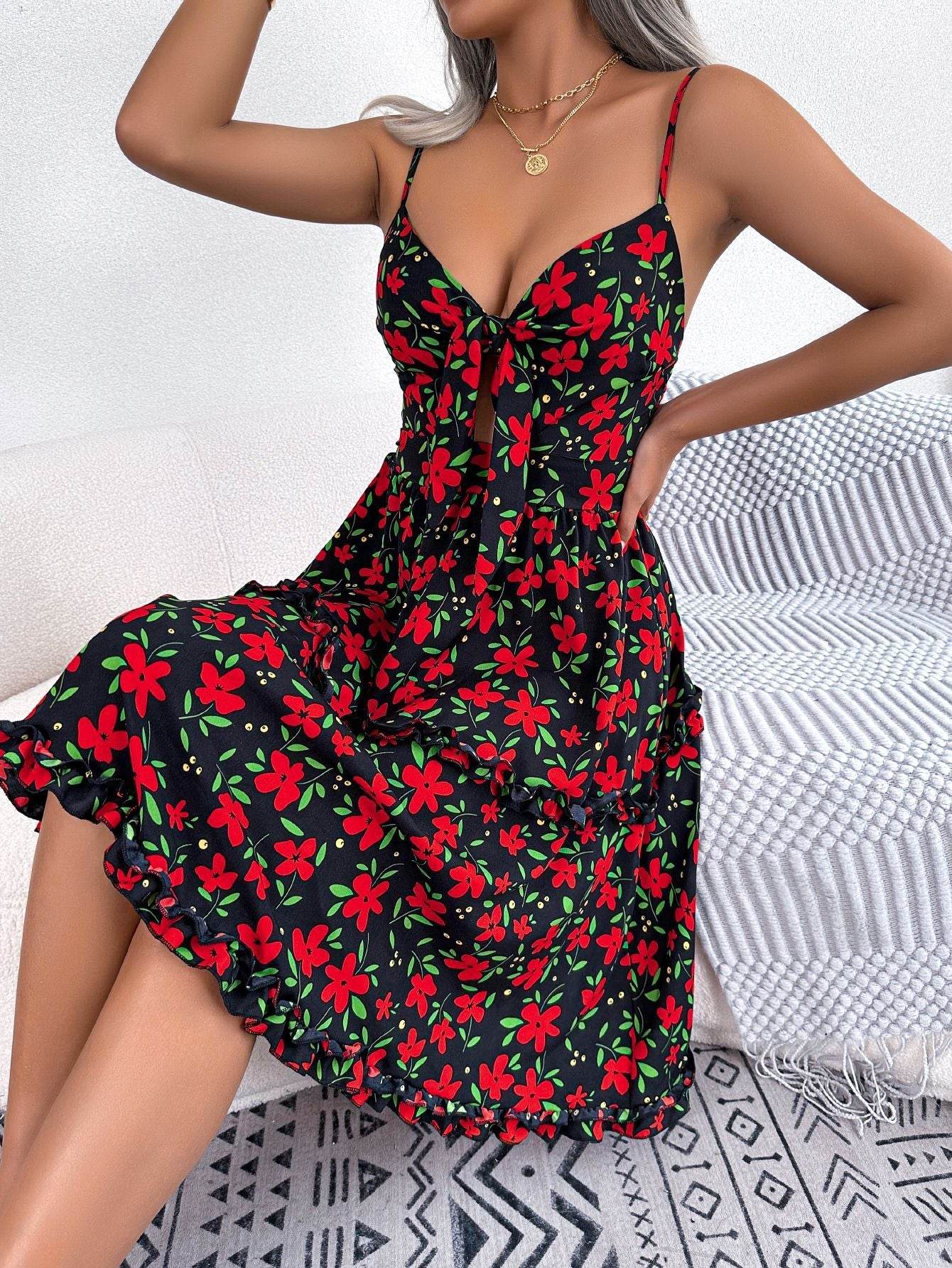 Spring And Summer Leisure Floral Spaghetti floral Midi Dress - Velora