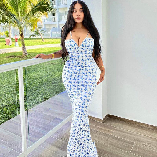 Fashion Flowers Print Suspender Long Dress Summer Lace-up Slim Backless Dresses For Women - Velora