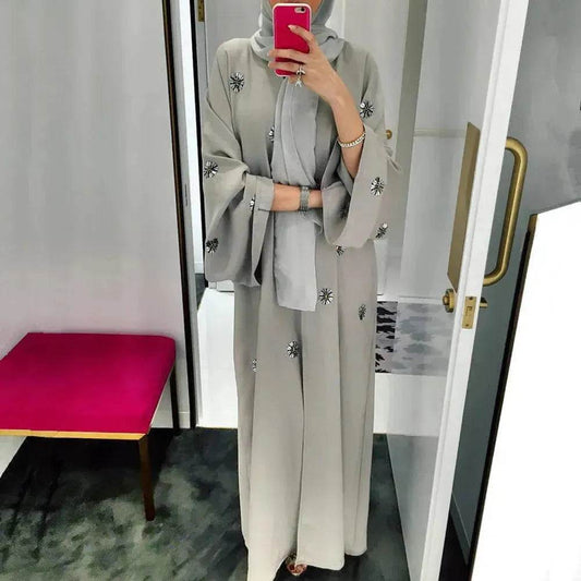 Elegant Embroidered Beaded Middle East Cardigan Robe Dress Open front Abaya Kimono - Velora
